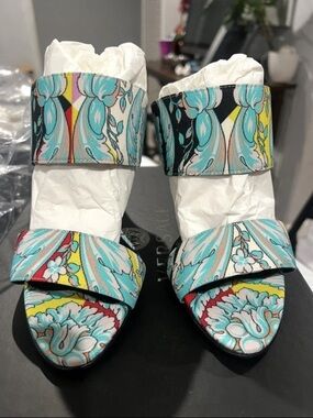 Versace Turquoise Multi-Color Patterned Strap Heels